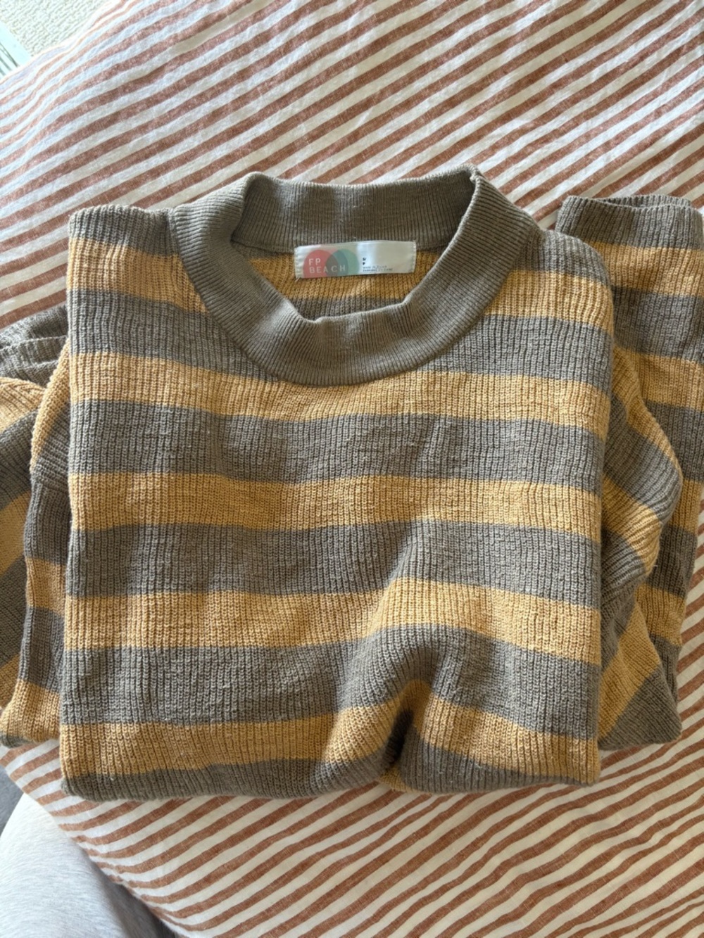 FP Beach Striped Crewneck Sweater in Mustard and Taupe